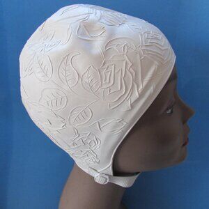 Mid Century Vintage Rubber Swim Cap White Roses Made in England